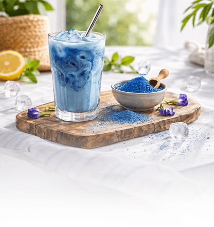 A glass of Blue Matcha extract by Biolab