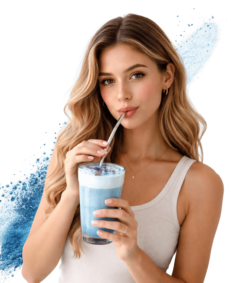 A smiling woman tasting Blue Matcha by Biolab