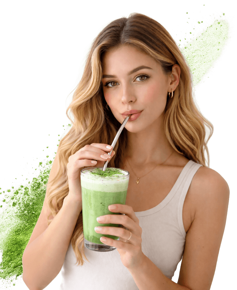 A smiling woman tasting Biolab's Ceremonial Grade Matcha drink