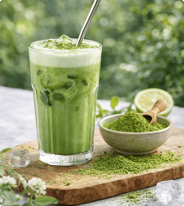 A glass of Biolab's Ceremonial Grade Matcha drink
